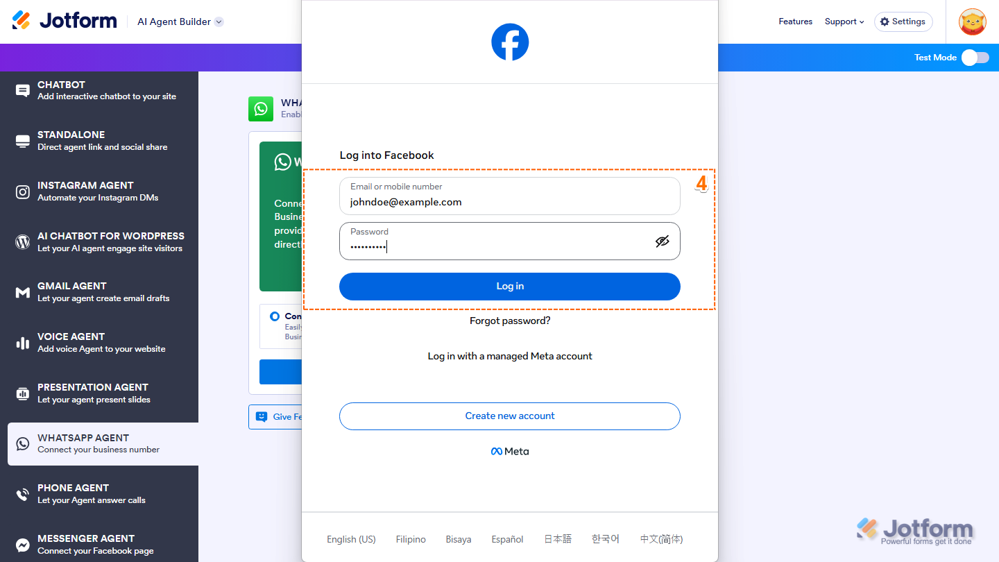 Facebook Login window displaying Email Address and Password fields with the Log In button available to authenticate and connect the WhatsApp Business account