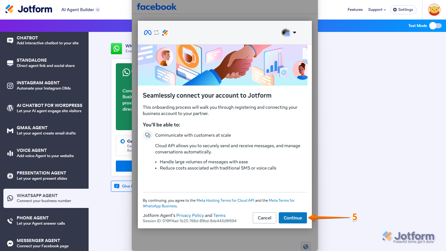 Facebook account connection screen displaying the account and WhatsApp Business information for review, with the Continue button available to proceed with the connection