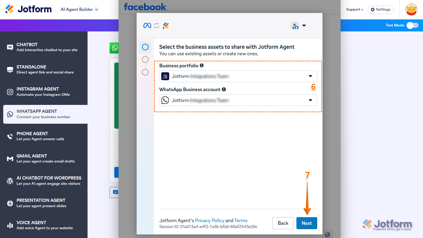 Meta WhatsApp Business connection setup screen showing Business Portfolio and WhatsApp Business Account dropdowns, with an option to Create New WhatsApp Business Account and the Next button available to continue