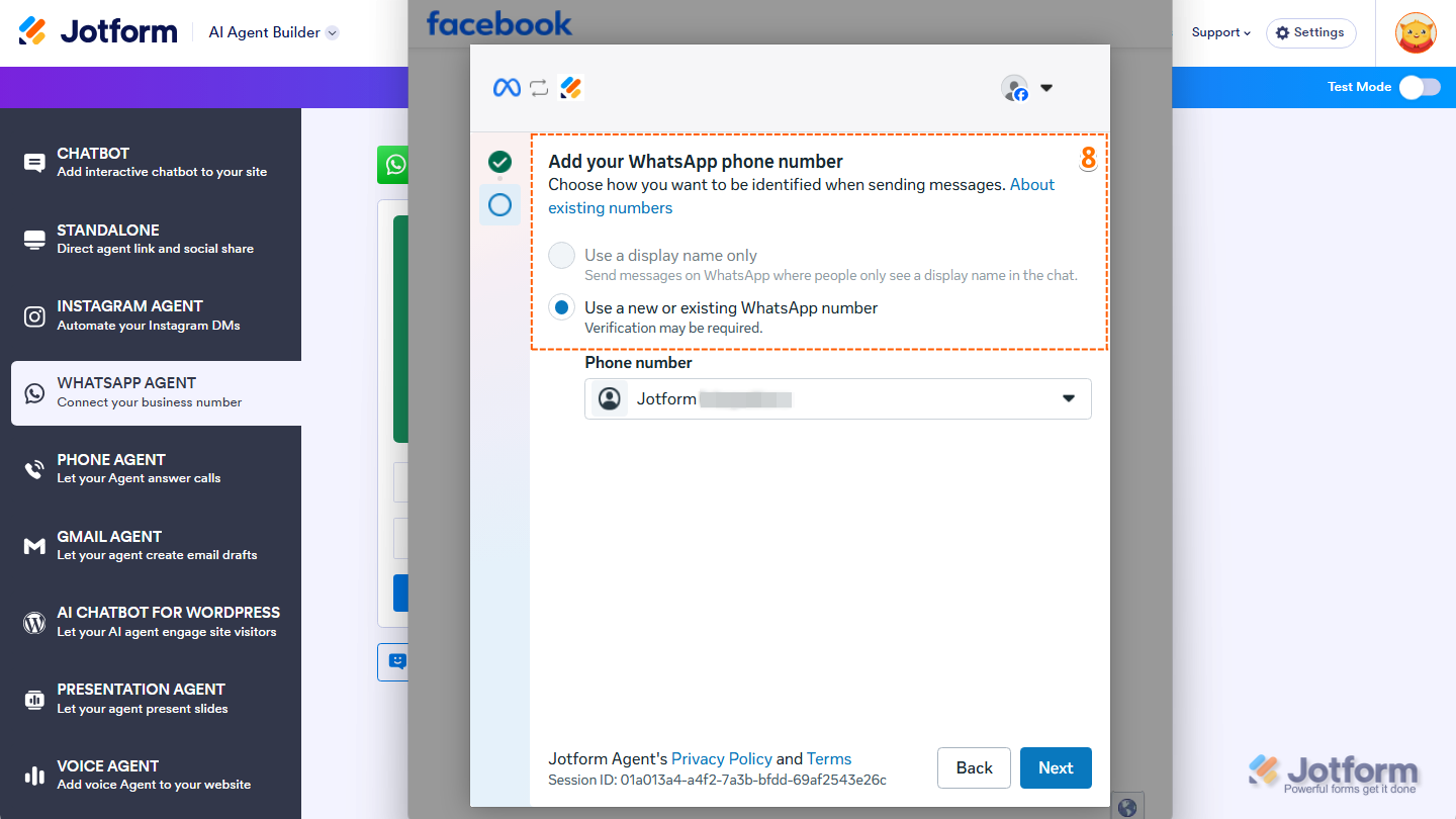 Meta Add your WhatsApp Phone Number section showing options to Use a Display Name Only or Use a New or Existing WhatsApp Number for sending WhatsApp messages