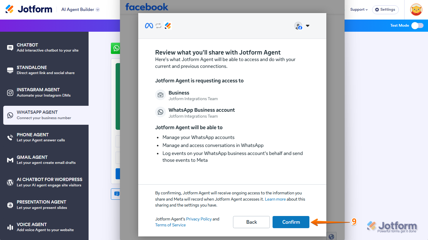 Meta WhatsApp connection screen displaying the permissions requested by Jotform Agent, with the Confirm button available to approve access and continue
