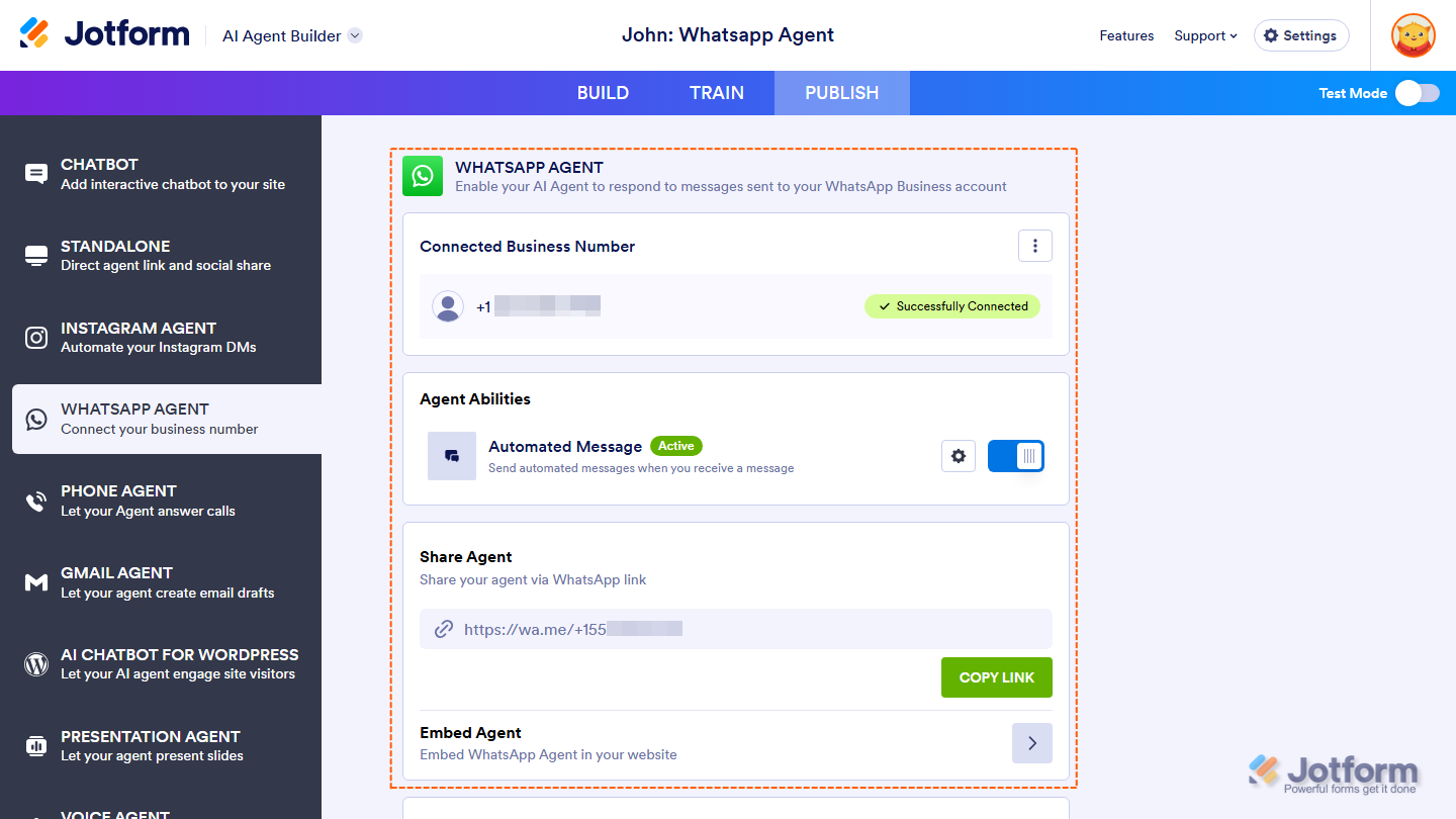 Jotform AI Agent Builder WhatsApp Agent page showing a successfully connected WhatsApp Business number, with options to manage and share the WhatsApp Agent