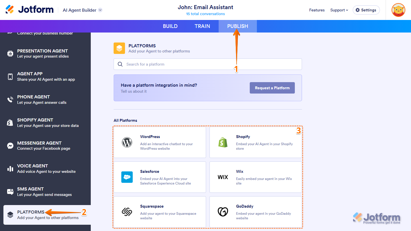 AI Agent Builder Publish settings showing Platforms menu and All Platforms embed options in Jotform