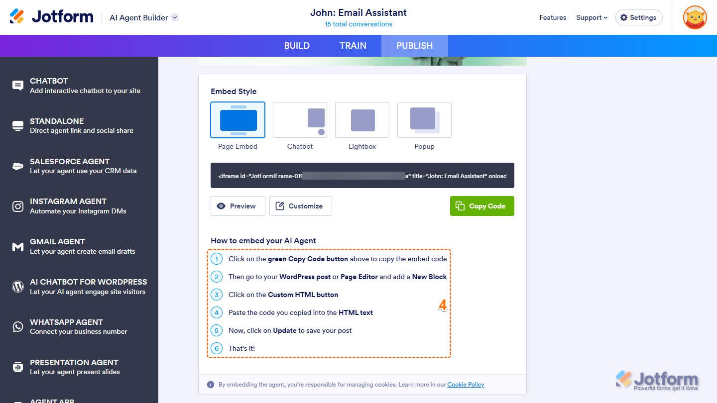 WordPress embed settings showing installation instructions for embedding AI Agent in Jotform