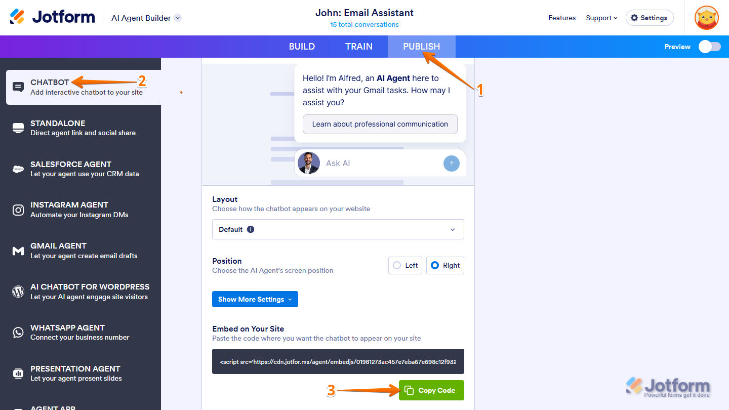 AI Agent Builder Publish settings showing Chatbot menu with Embed on Your Site section and Copy Code button in Jotform