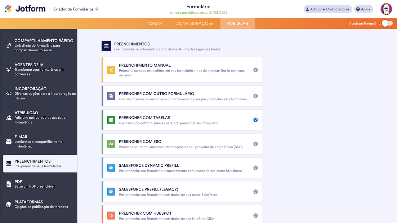 Preenchimentos no Criador de Formulários