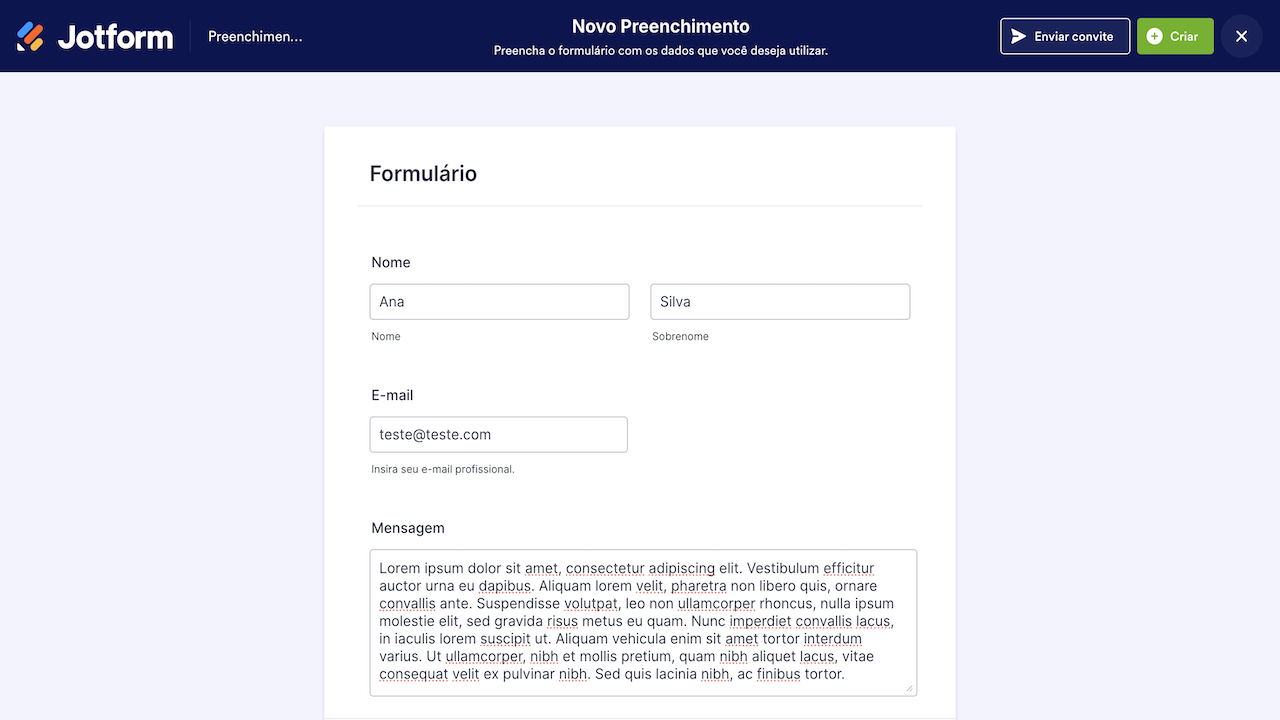 Preenchimento manual - Enviar convite