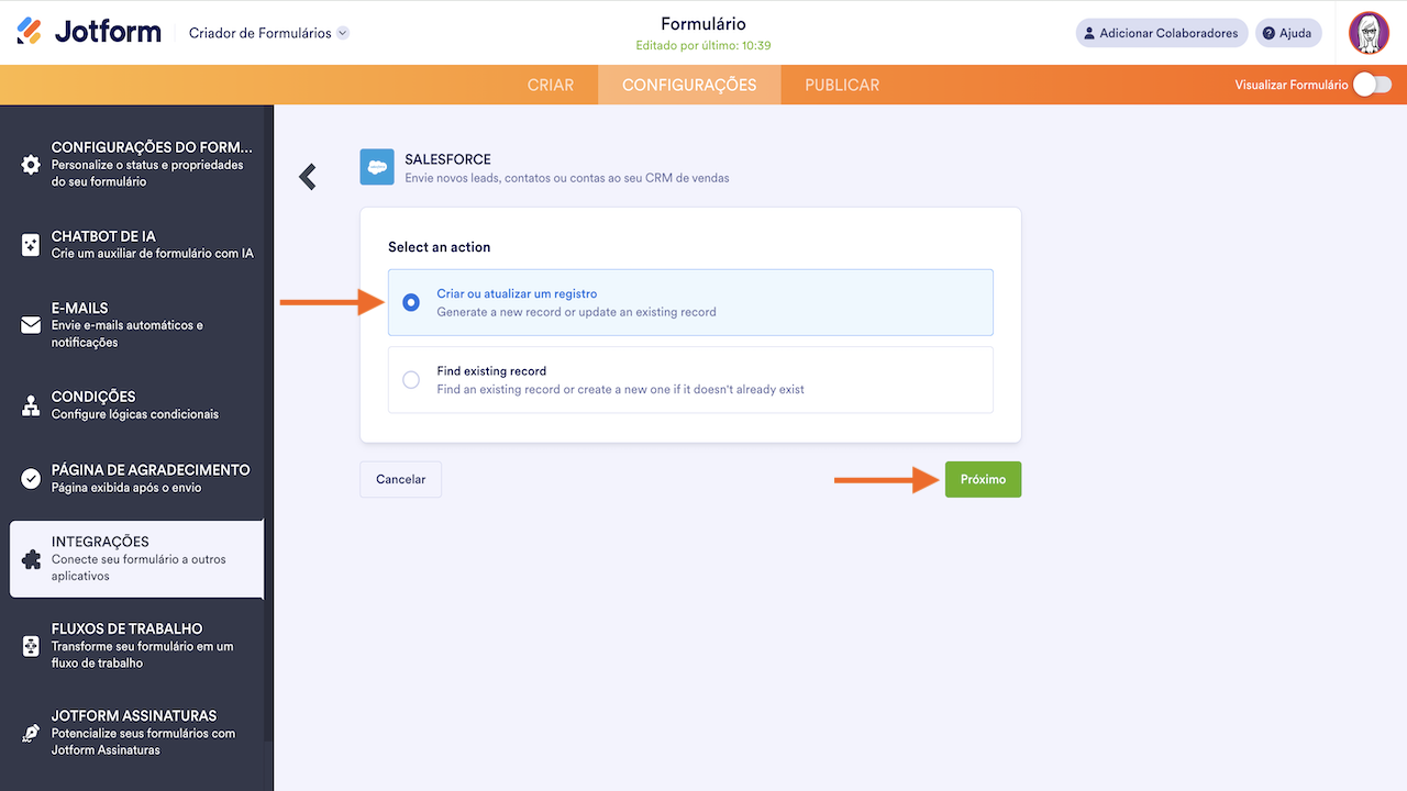 Selecionando opcão de integração ao Salesforce