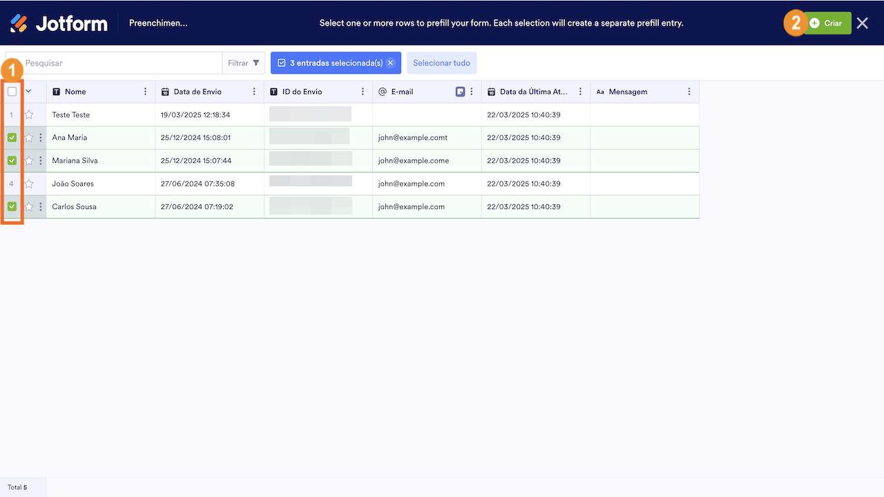 Selecionando envios para preenchimento