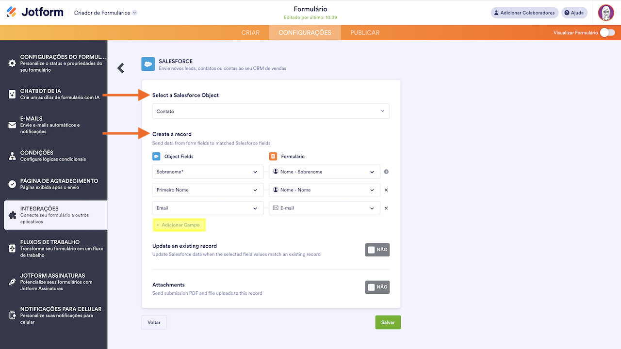 Selecionando opcão de integração ao Salesforce - 2