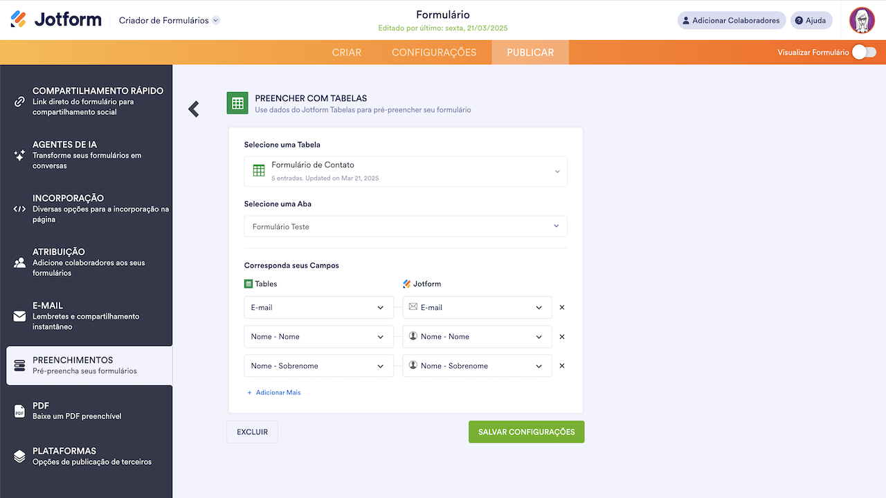 Preencher com tabelas