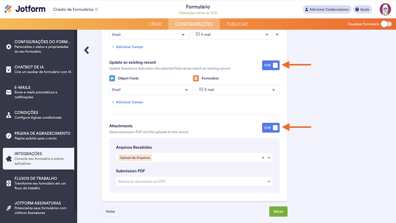 Selecionando opcão de integração ao Salesforce - 3