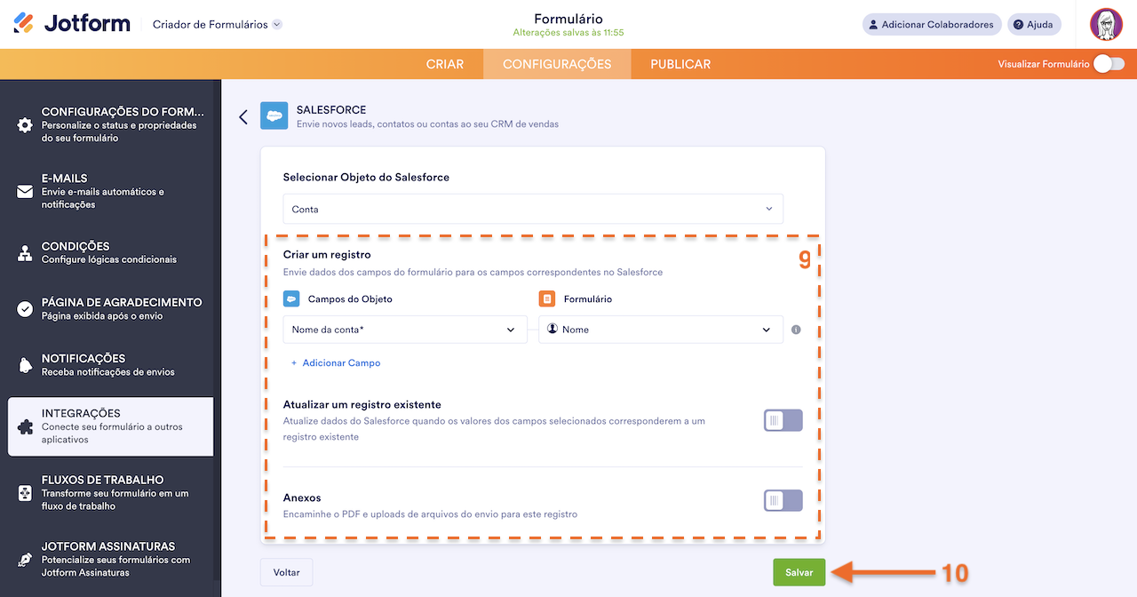 Selecionando opções de integração ao Salesforce