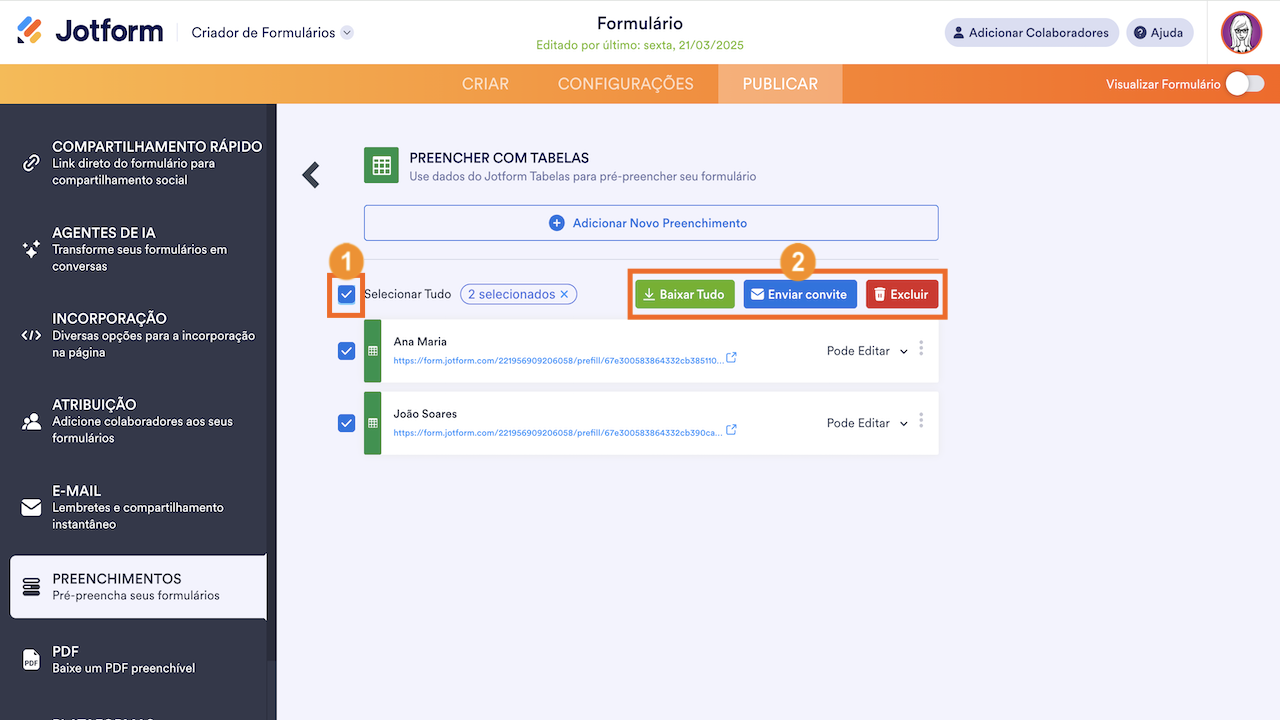 Selecionando vários preenchimentos
