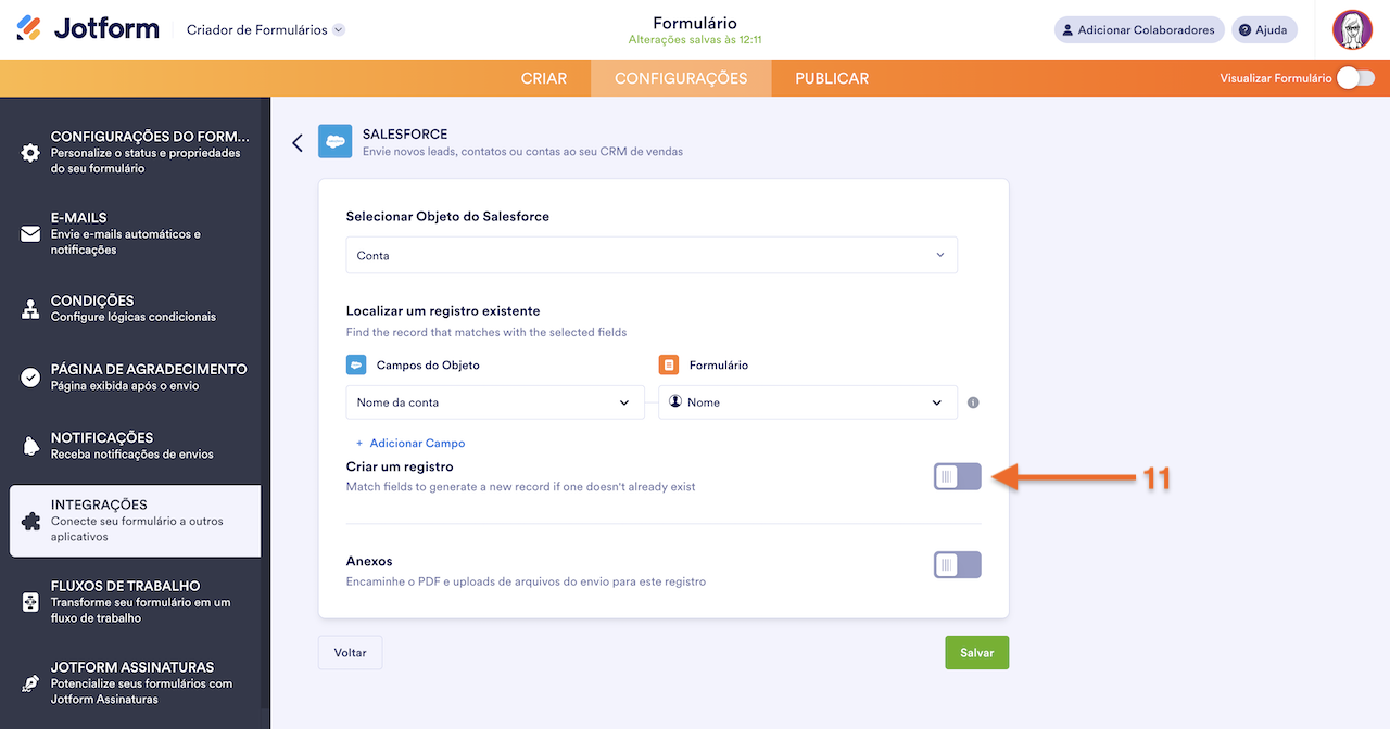 Selecionando opções de integração ao Salesforce