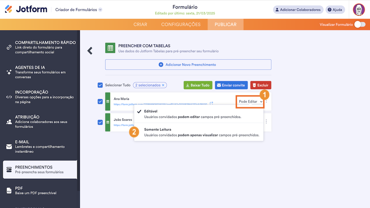 Alterando permissões de pré-preenchimento