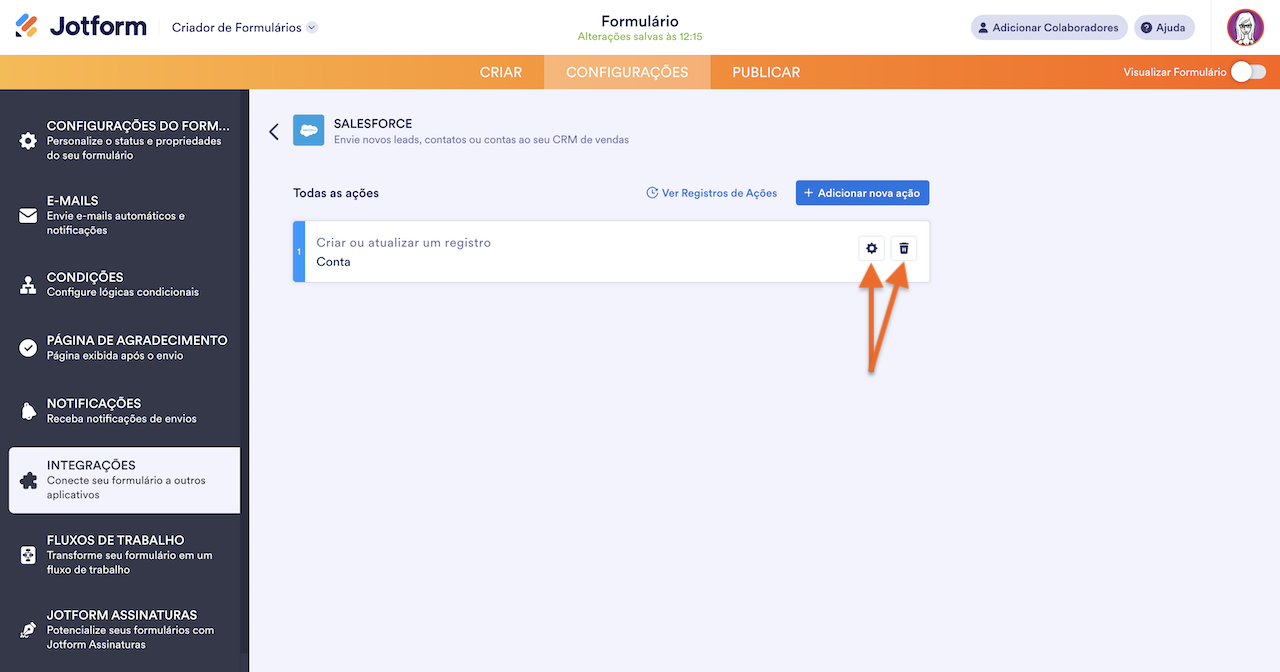 Opções da ação criada