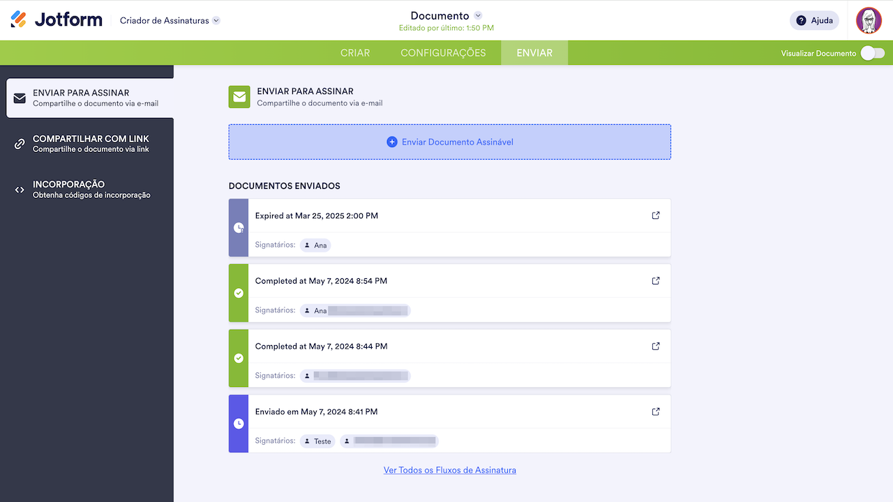 Documentos enviados no Jotform Assinaturas