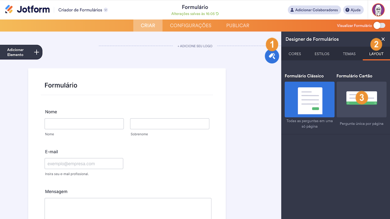 Como posso mudar um formulário existente do layout Clássico para Cartão?
