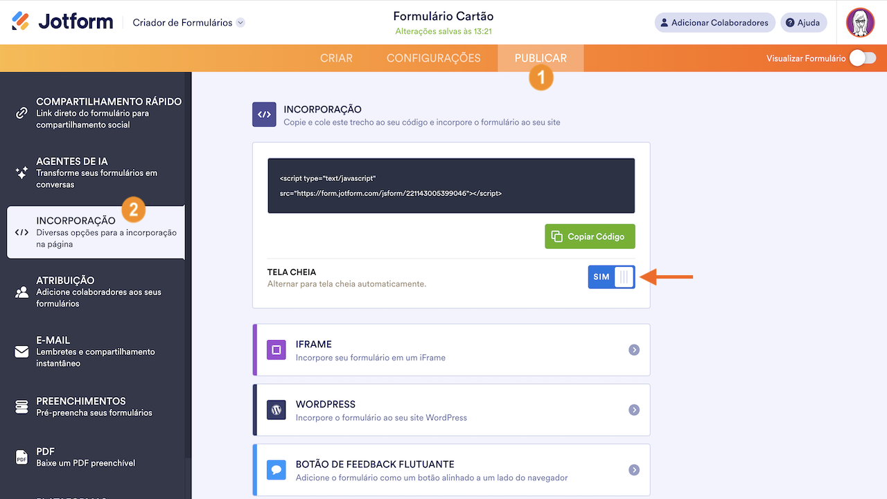 Tela Cheia - Formulários Cartão