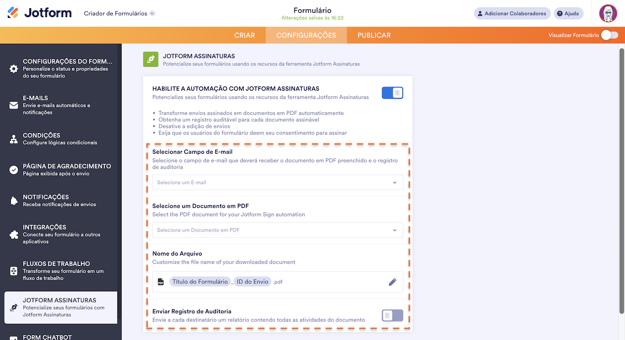 Ativando Jotform Assinaturas - 3