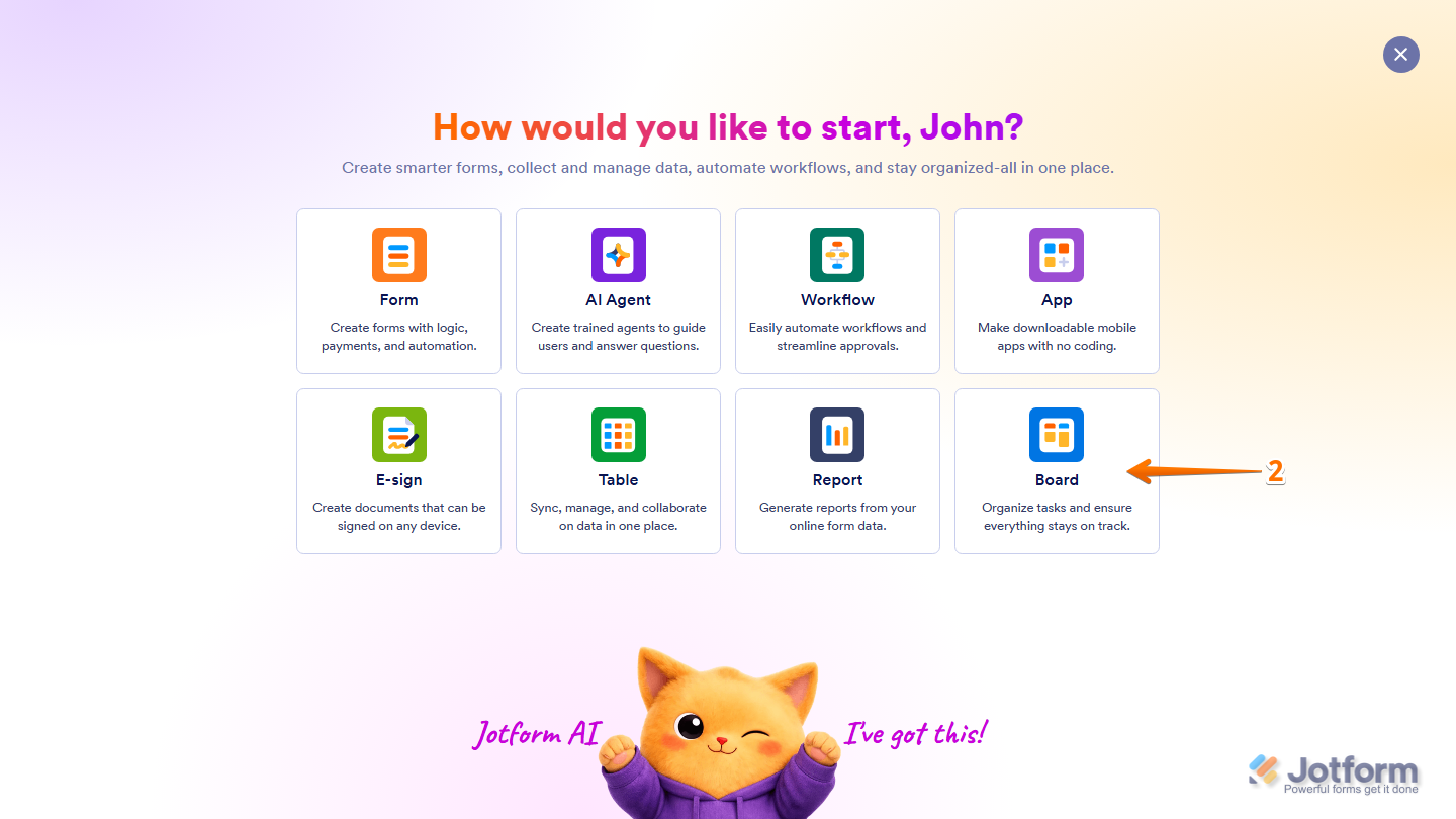 Create menu showing the Board option selected in Jotform