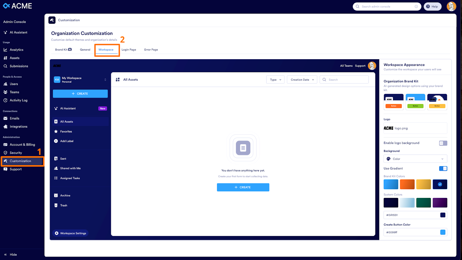Selecting the Customization option under Admin console and then clicking on the Workspace option