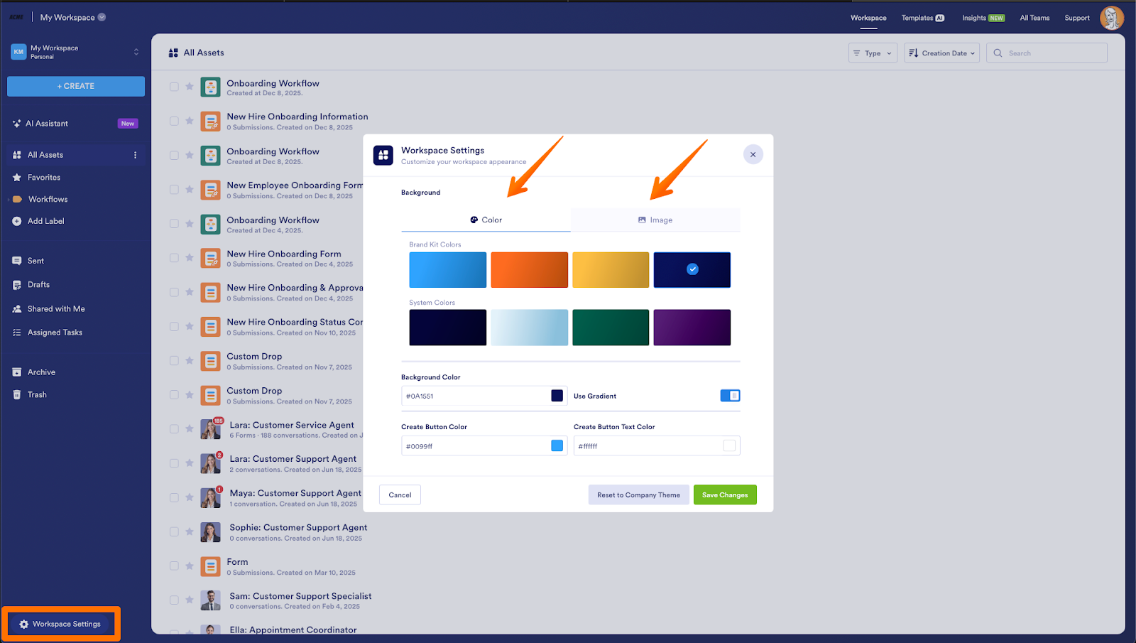 Viewing the Color and the Image tab on the Workspace Settings window