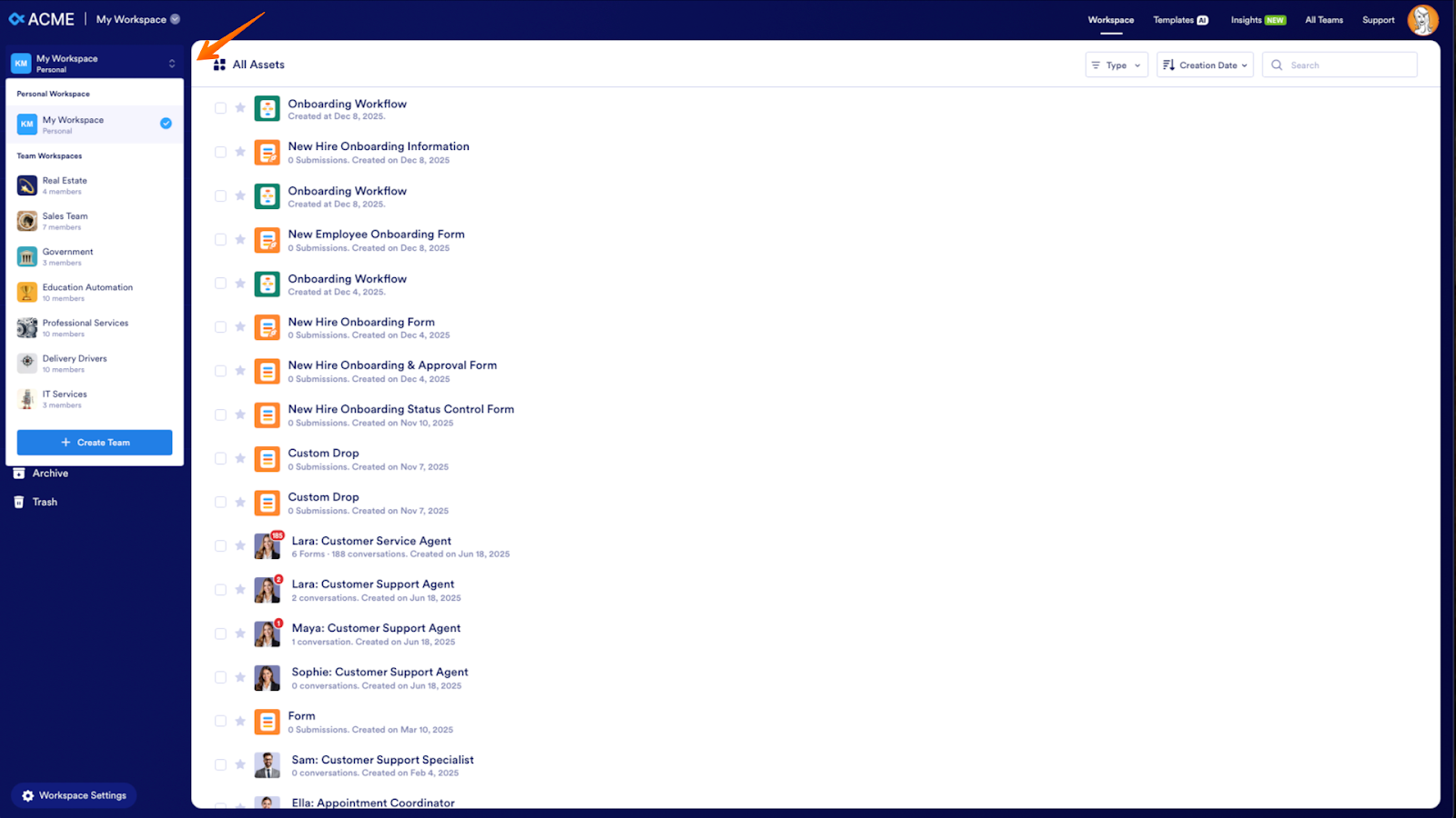Viewing the Team Workspace on the right side of the window