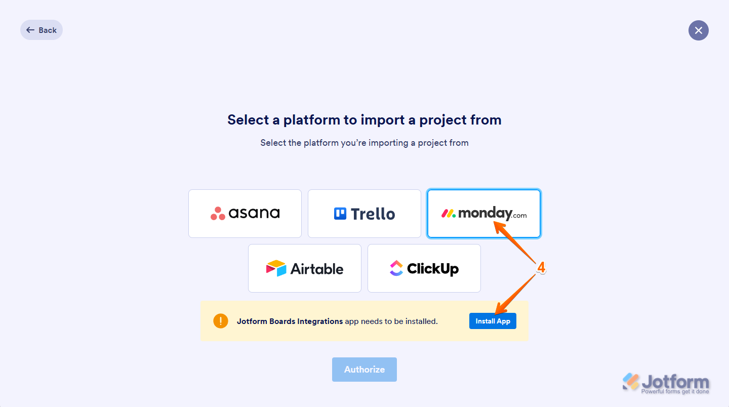 Jotform Import Board window showing Monday