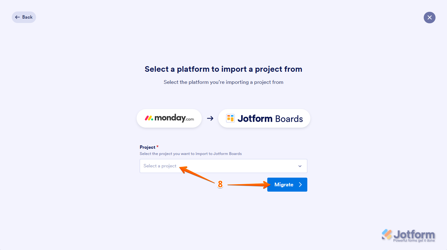 Jotform Boards import screen showing the Project dropdown for selecting a project to import, with the Migrate button available to start the migration