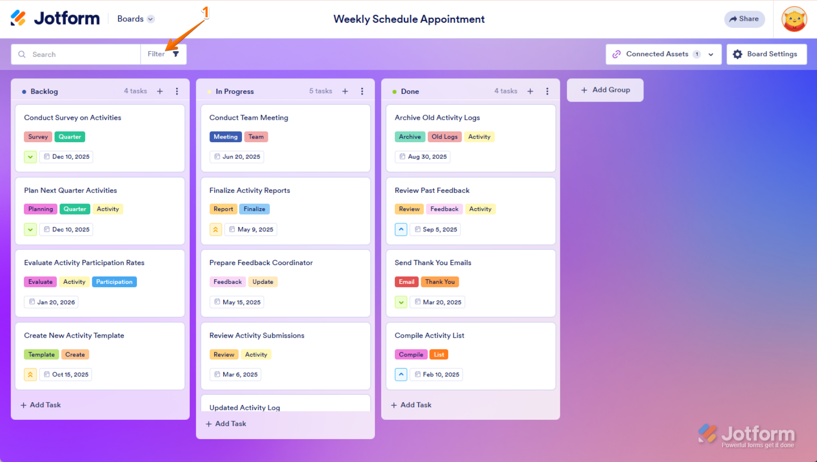 Click the Filter button next to the Search bar at the top-left of your Jotform Board