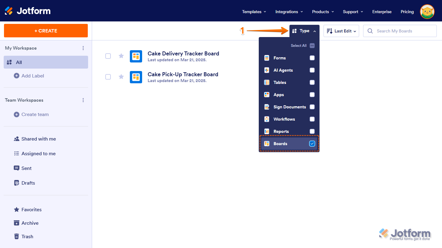 Boards option checked in the Type dropdown menu on the Jotform My Workspace page