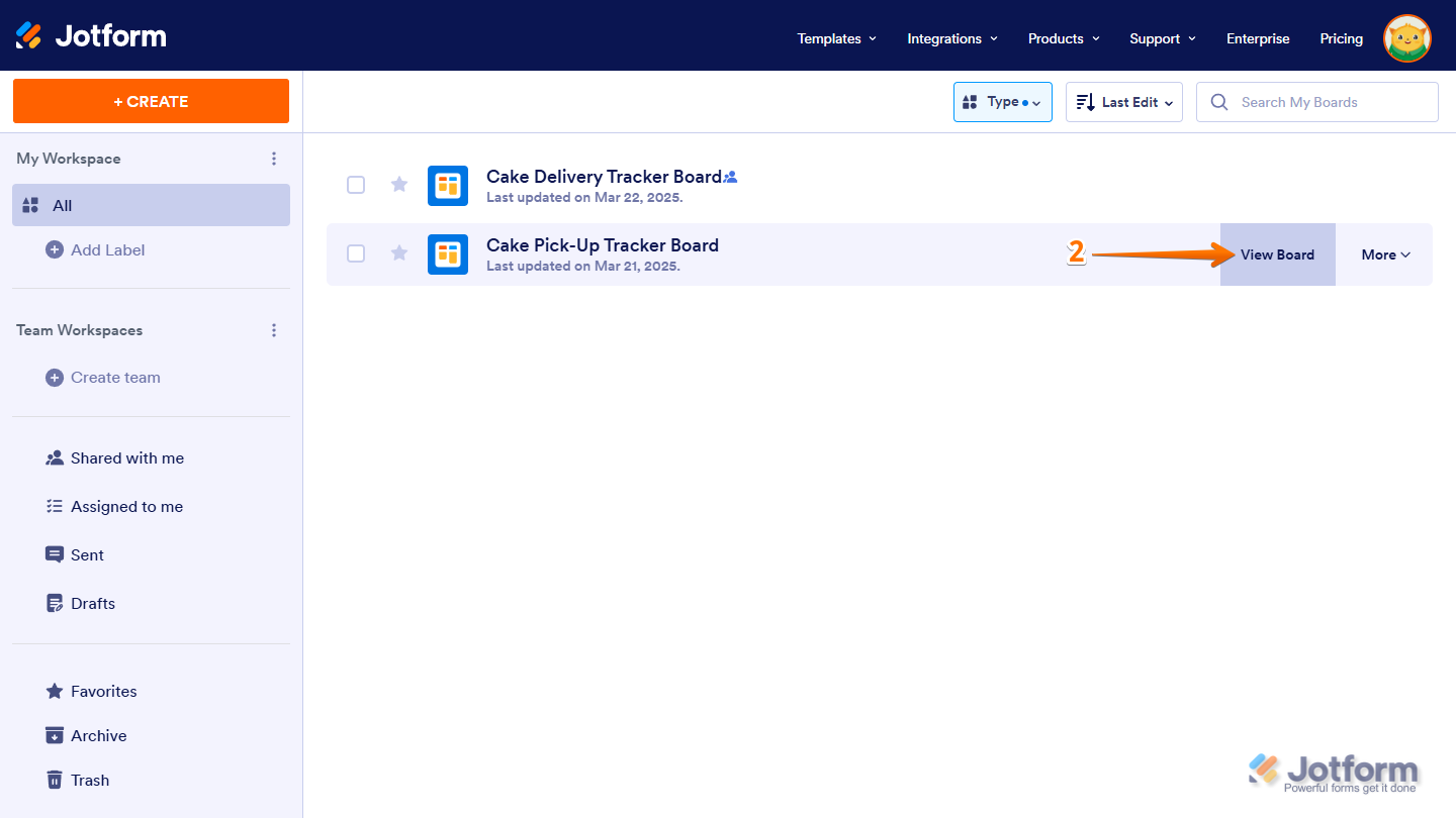 View Board button of a board in Jotform My Workspace page
