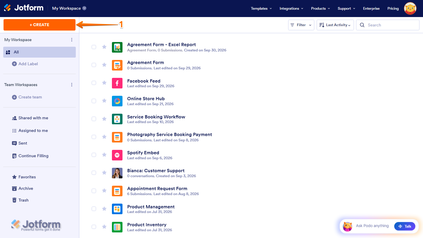 Jotform Workspace page with the Create button visible in the top-left corner for starting a new Jotform project