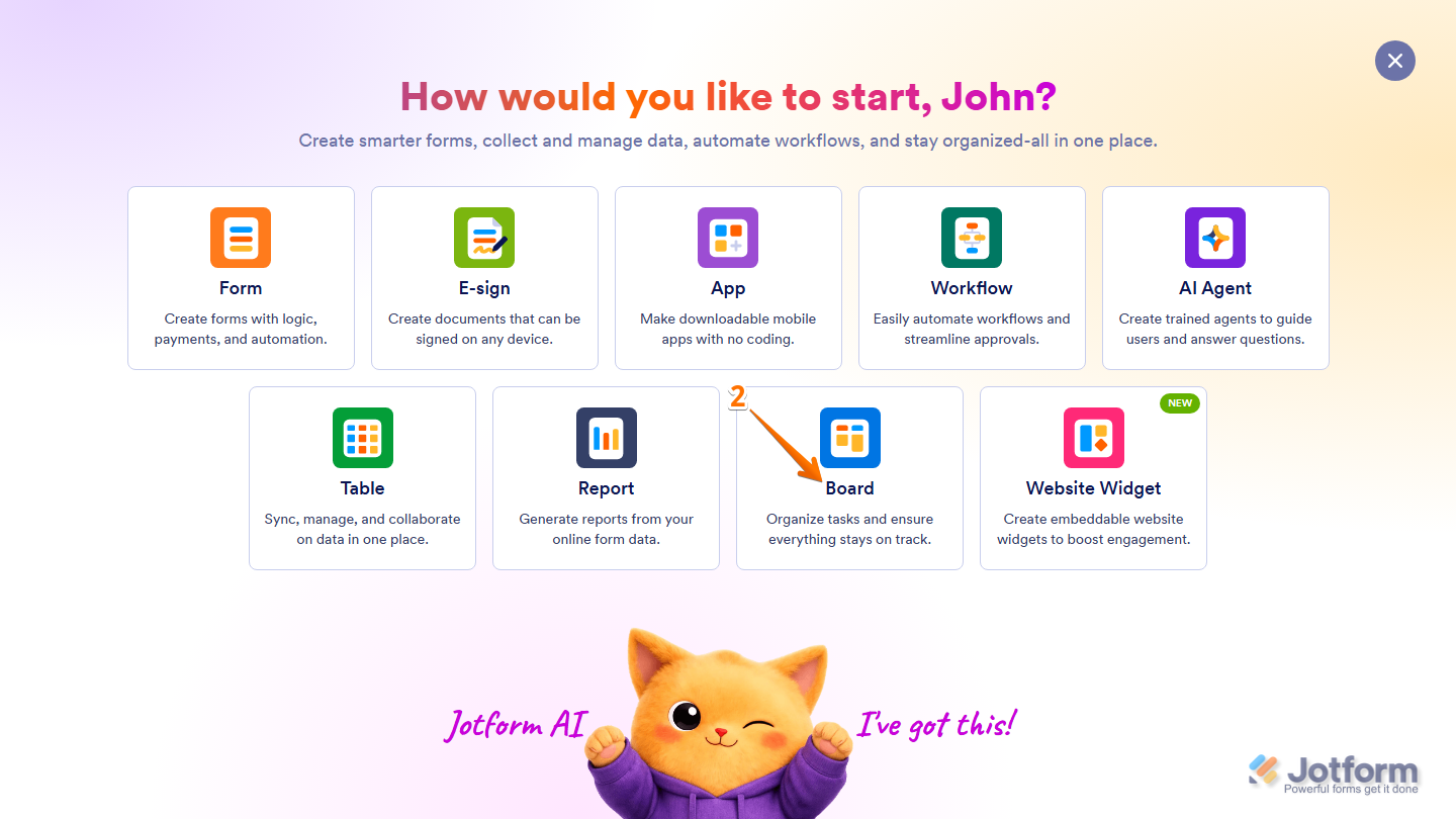 Jotform Workspace Create menu showing the Board option for creating a new Jotform Board