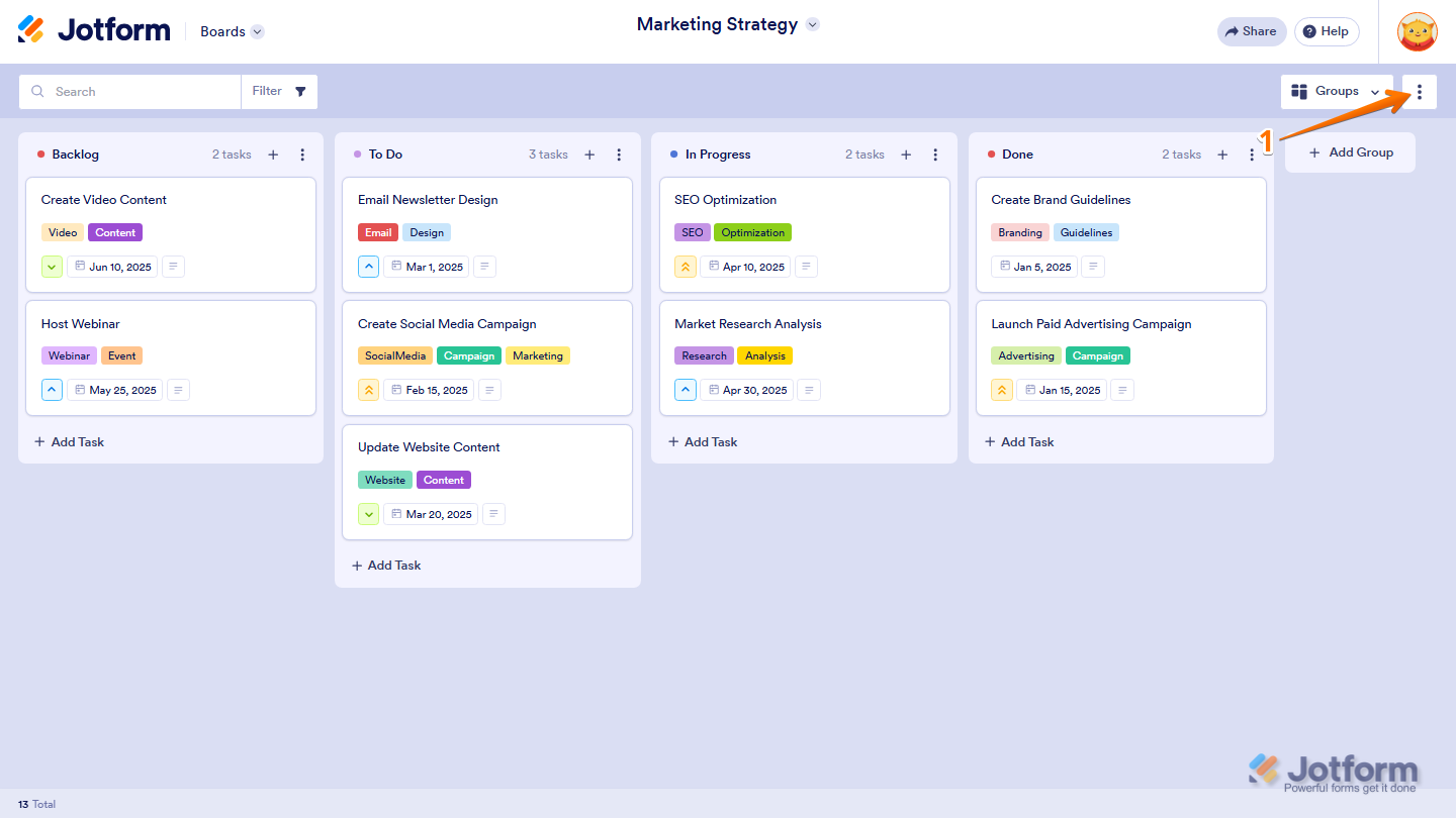 Jotform Boards page with the Three Dots icon highlighted in the upper-right corner, used to open additional board options