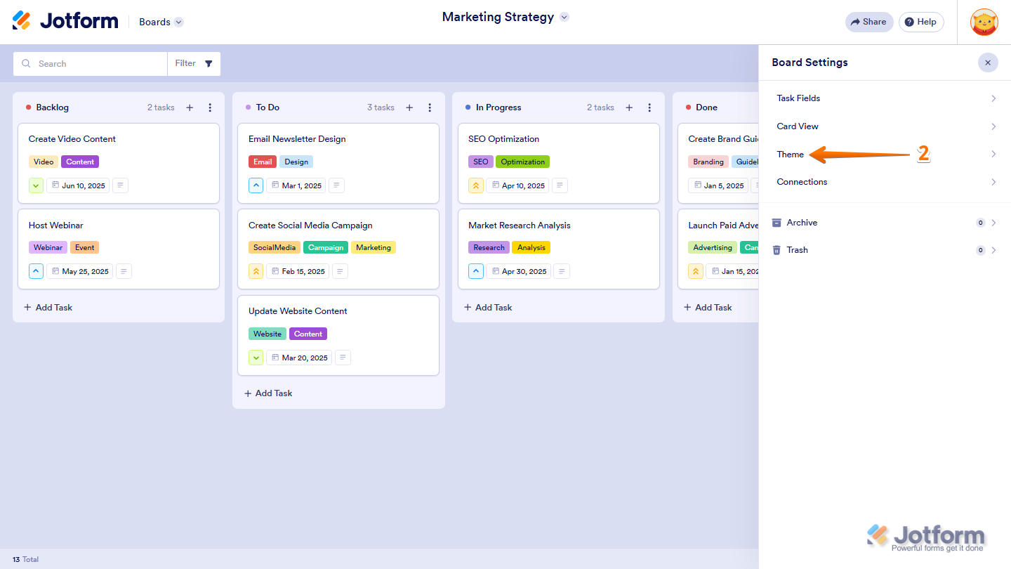 Jotform Board Settings menu with the Theme option highlighted for customizing the appearance of a board