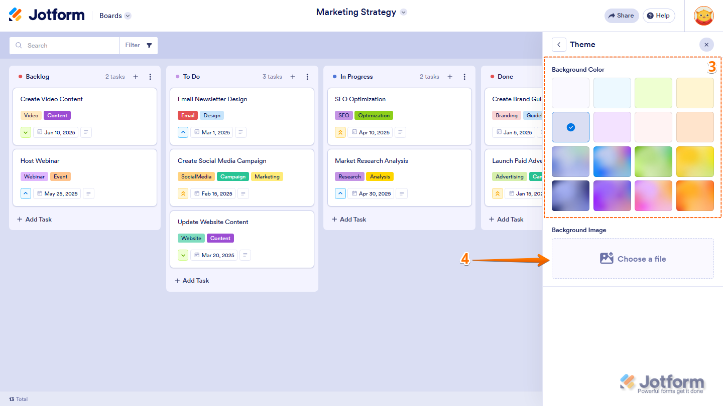 Jotform Board Theme settings displaying the Background Color presets and the Background Image section with the Choose a File button for uploading a custom board background
