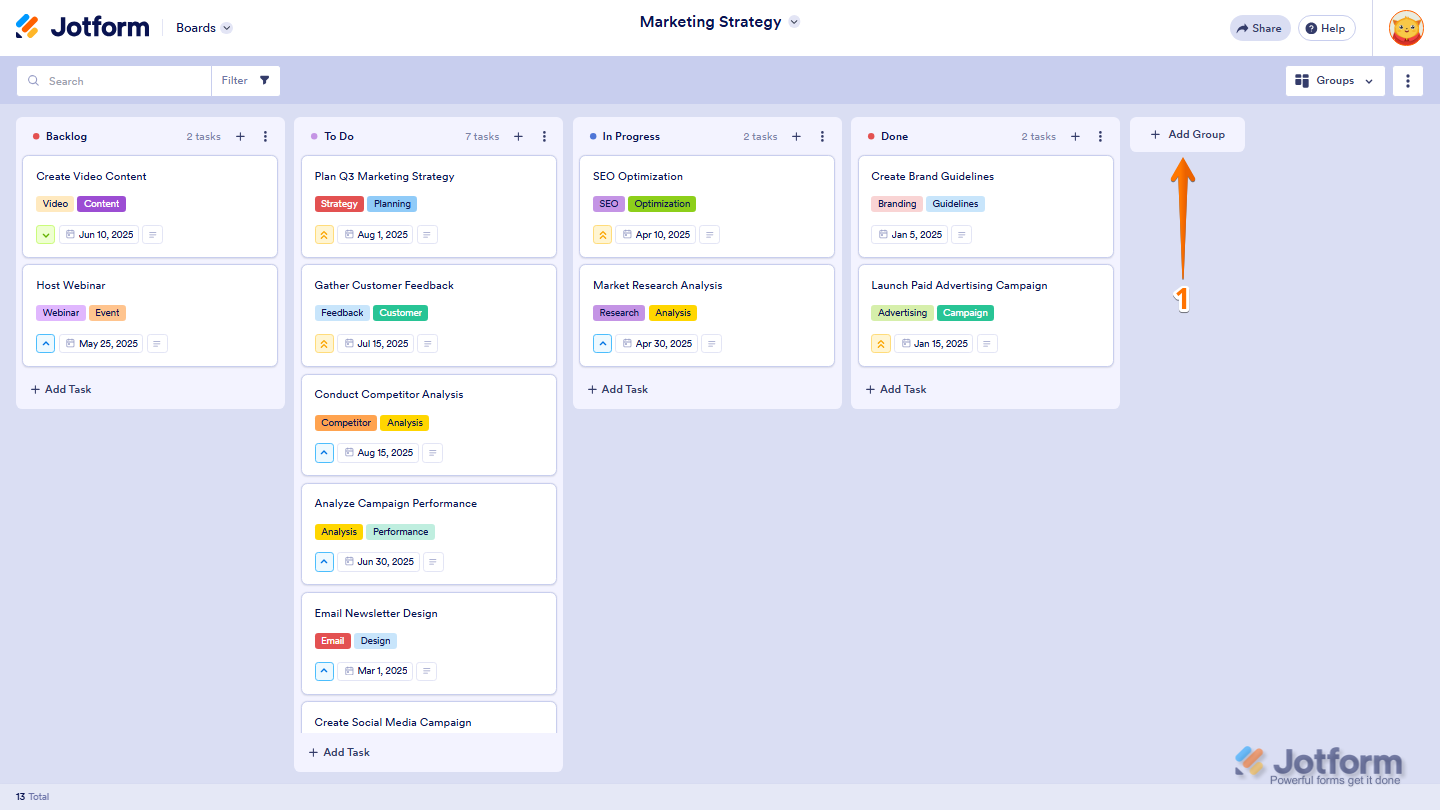 Jotform Board page with the Add Group button highlighted on the right side, used to create a new group on the board