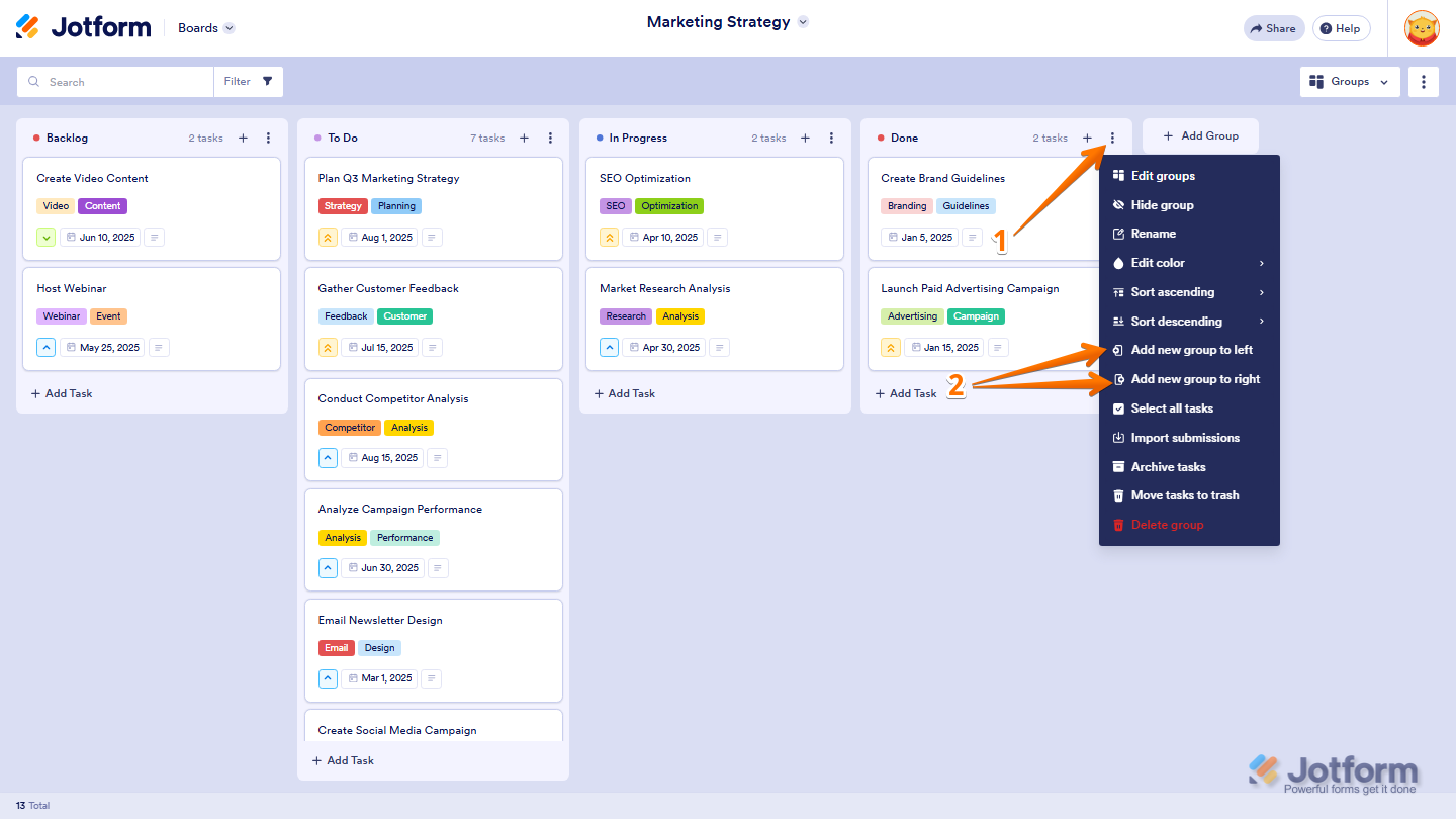 Jotform Board with the Three Dots menu open on a group, displaying the Add New Group to Left and Add New Group to Right options for inserting a new group beside the current one