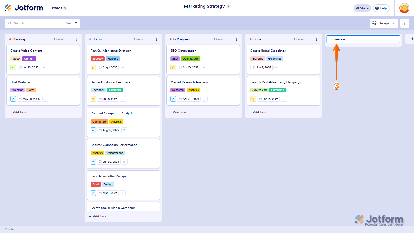 Jotform Board displaying the Enter a Title field for naming a newly added group before pressing Enter to create it