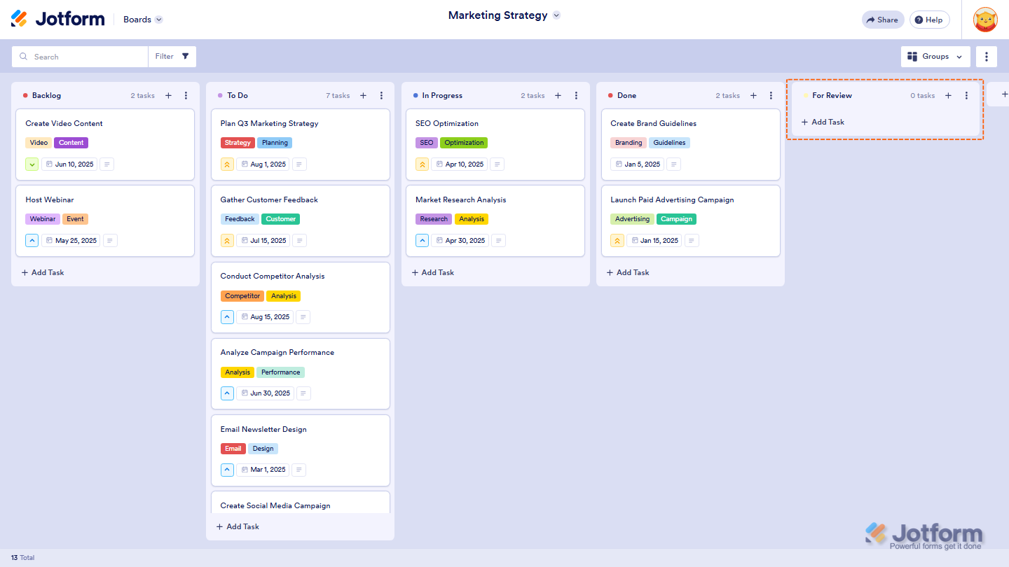 Jotform Board displaying a newly created group, ready for organizing tasks alongside the existing board groups