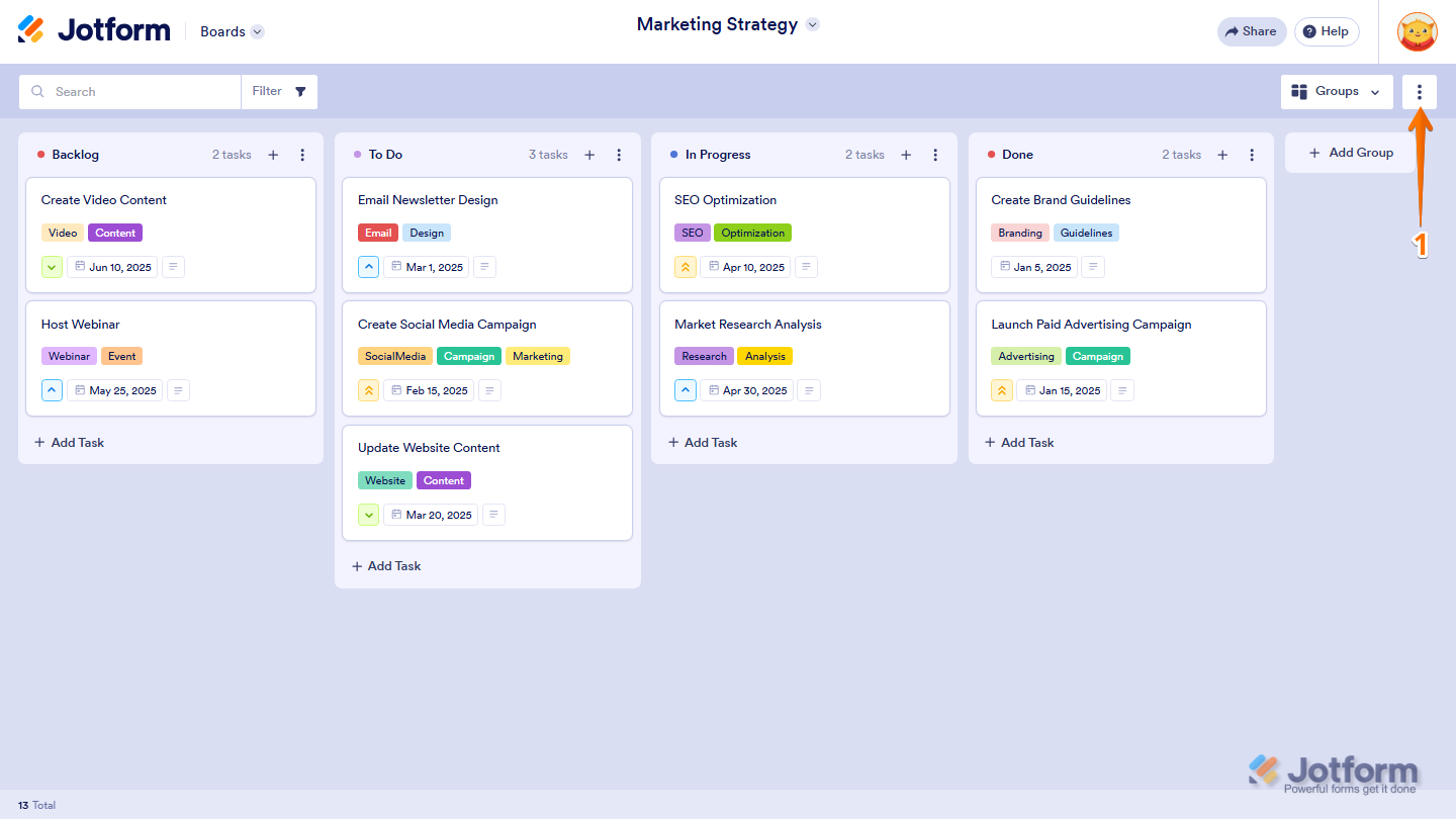 Jotform Board page with the Three Dots icon highlighted in the upper-right corner, used to open additional board options