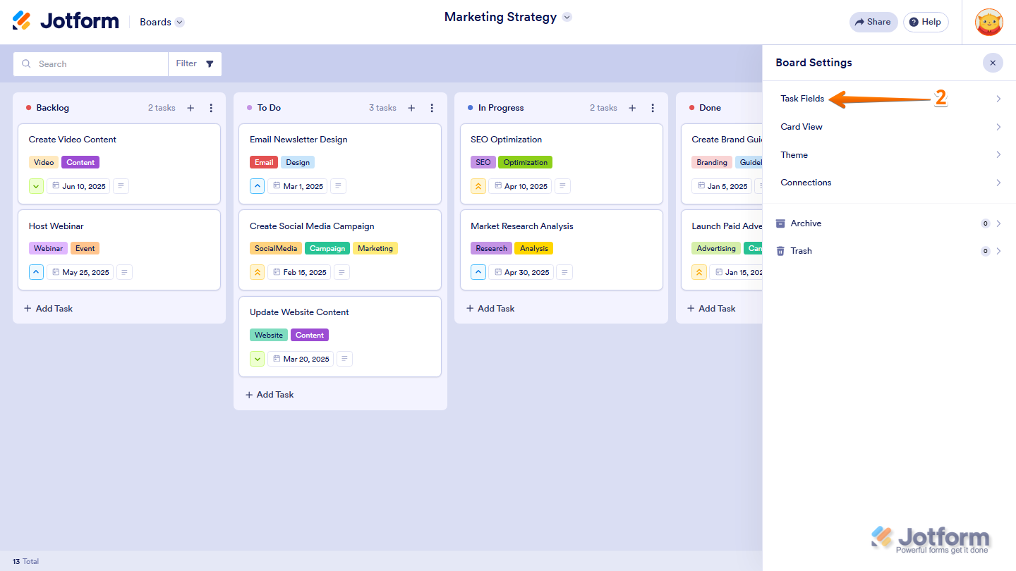 Jotform Board Settings menu with the Task Fields option highlighted for managing the fields available on board tasks