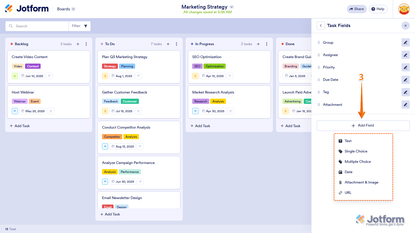 Jotform Task Fields settings displaying the Add Field menu with field type options including Text, Single Choice, Multiple Choice, Date, Attachment & Image, and URL for adding custom task fields to a board