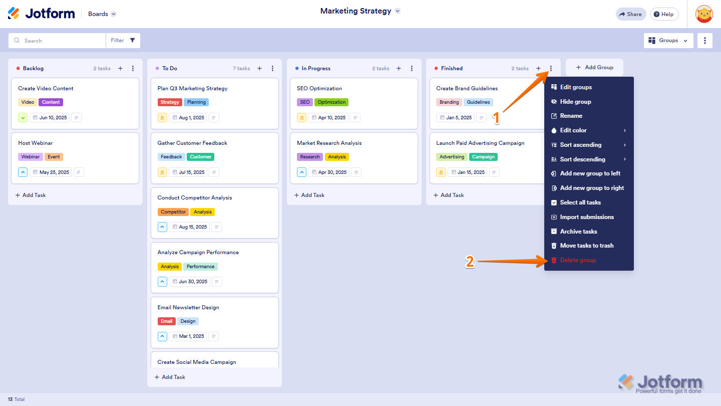 Jotform Board with the Three Dots menu open on a group, showing the Delete Group option for removing the selected group