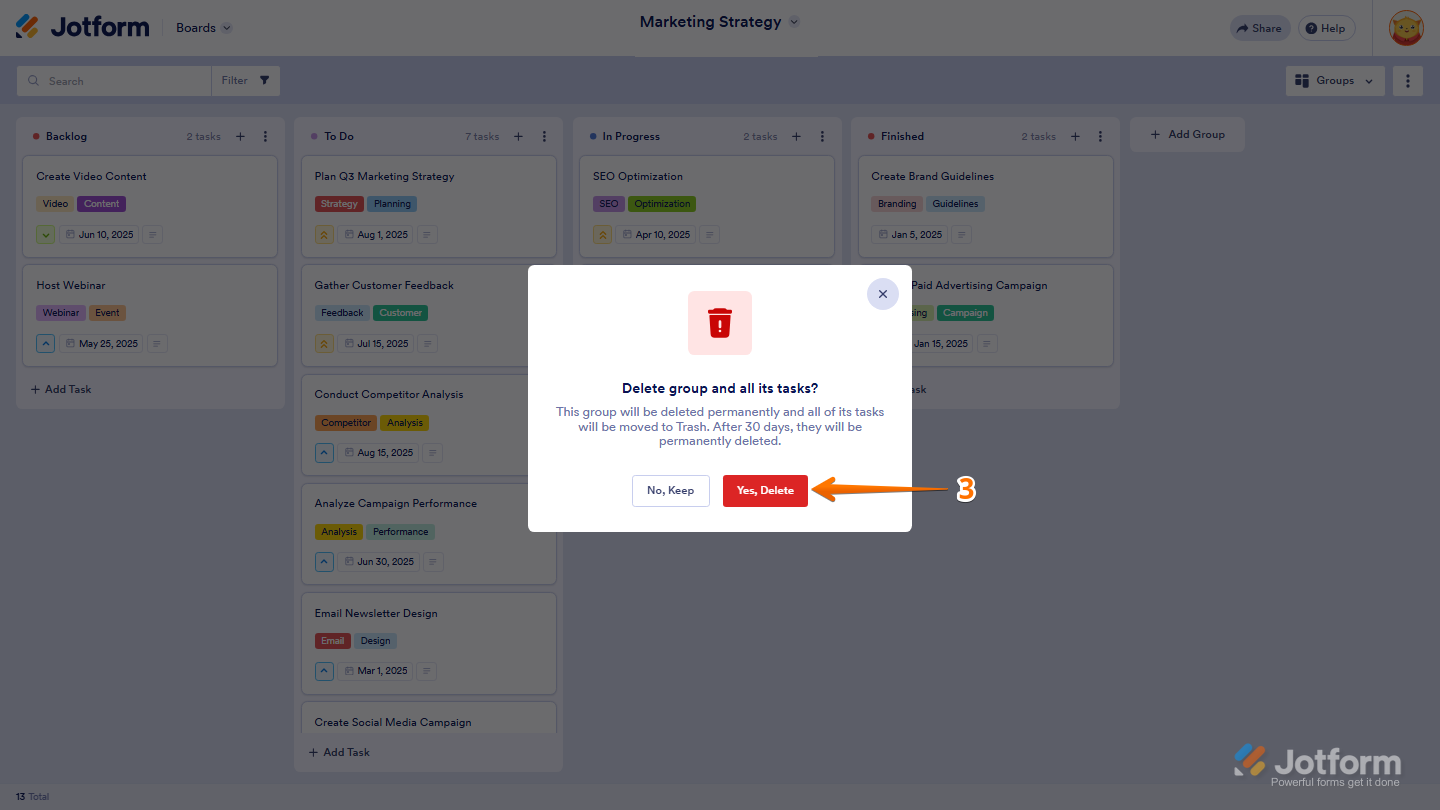 Jotform Delete Group confirmation window displaying the Yes, Delete button for permanently removing the selected group from the board