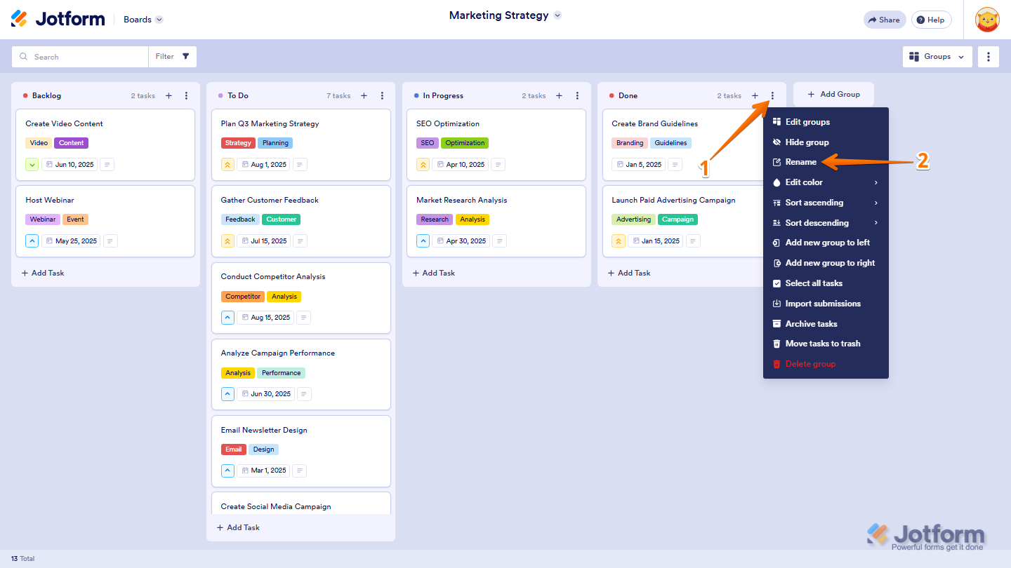 Jotform Board with the Three Dots menu open on a group, showing the Rename Group option for changing the group's title