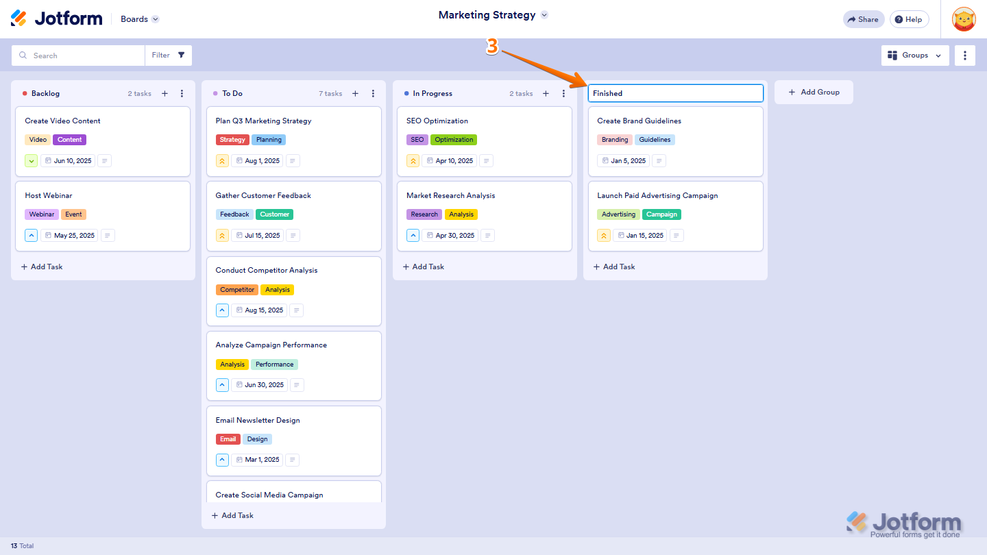Jotform Board displaying the Enter a Title field with a new group name being entered before pressing Enter to rename the group